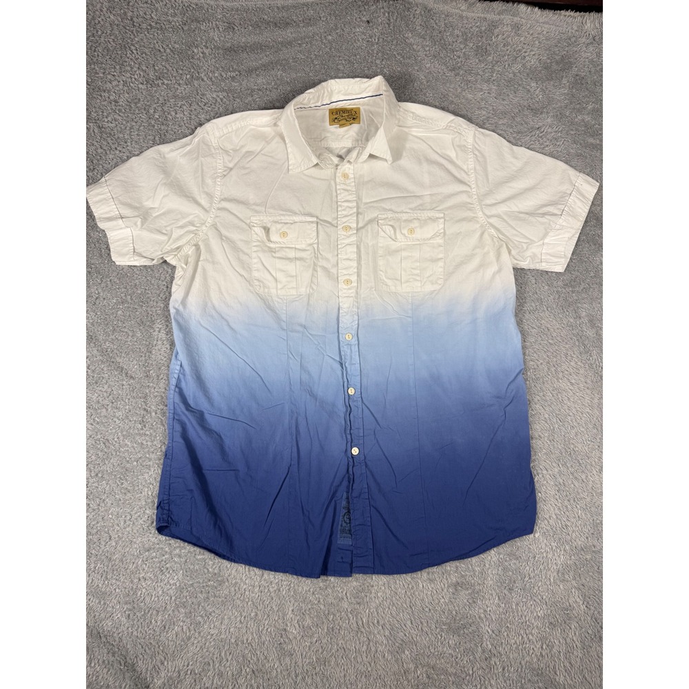 Cremieux Button Down Mens Large Blue White Ombre Cotton Short Sleeve Shirt GOOD